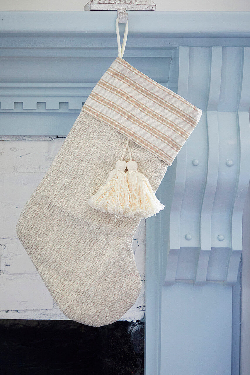 Beige Burlap Stocking with Tassel Christmas Holiday Decoration