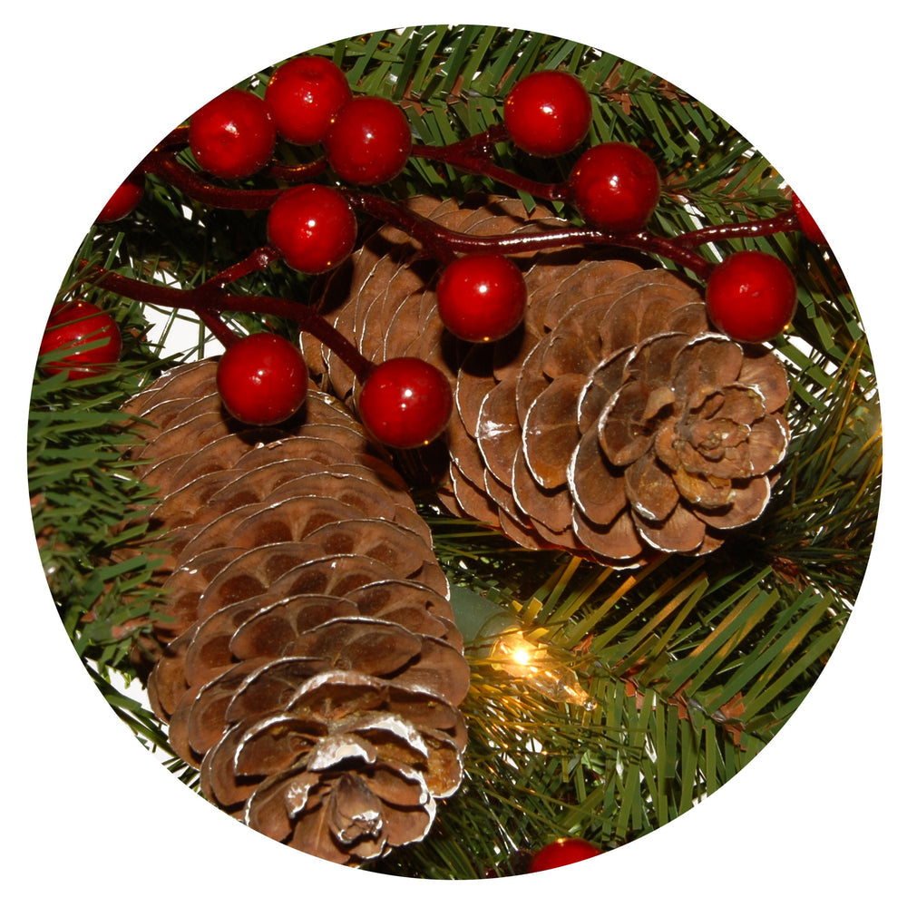 24 Inch Pre-Lit Bristle Berry Wreath with LED Lights Red Berries Pinecones | USA Decoration®