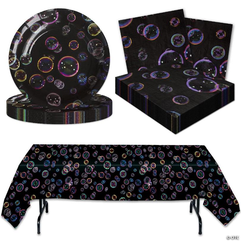 Bubbles Or Neon Theme Party For 16 Guests! Set Includes 16 7" Party Plates, 16 Luncheon Napkins And 1 Heavyweight Plastic Table Cover. By Havercamp. | USA Decoration®