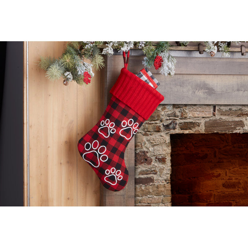Buffalo Check Paw Prints Personalized Green Dog Christmas Stocking