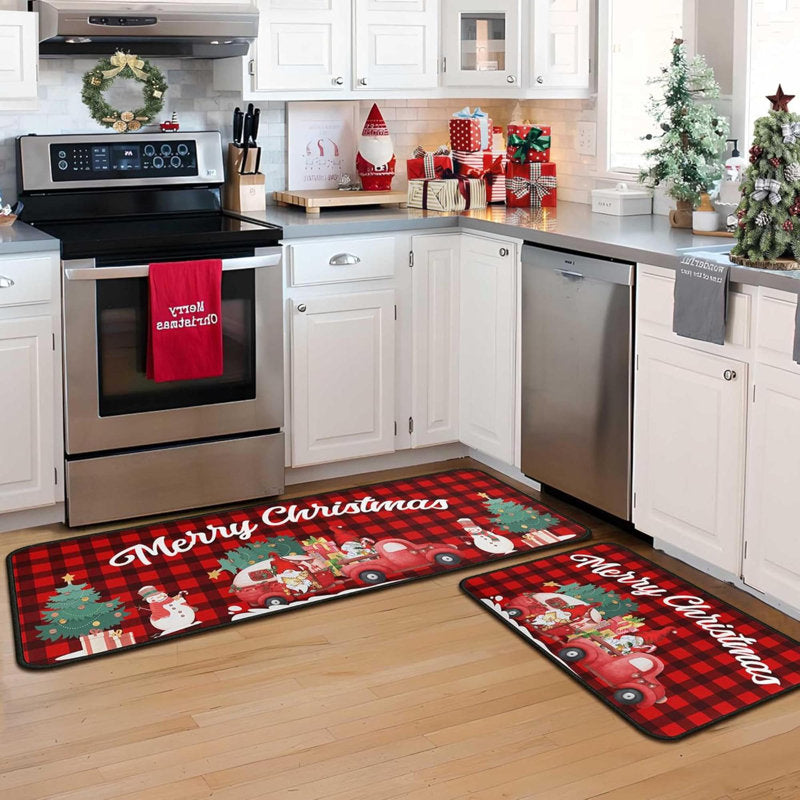 Buffalo Plaid  Truck Christmas Kitchen Rugs 2 PCS, Merry Christmas Kitchen Rug, Non Skid Washable Soft Comfort Kitchen Rugs Set Merry Christmas