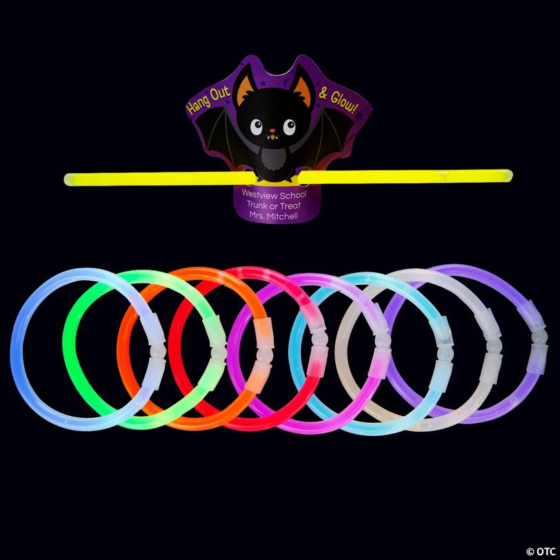 Bulk 50 Pc. Personalized Halloween Bat Cards with Glow Bracelet