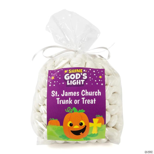 Bulk 50 Pc. Personalized Medium Religious Pumpkin Cellophane Gift Bag Kit