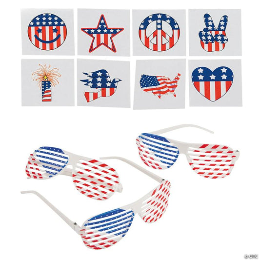Bulk 96 Pc. Shutter Glasses & Tattoos Patriotic Party Favor Kit