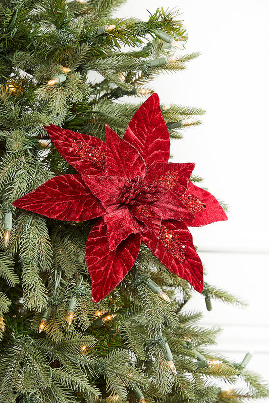 22" Burgundy Glitter Poinsettia Stem Elegant Artificial Christmas Floral Pick