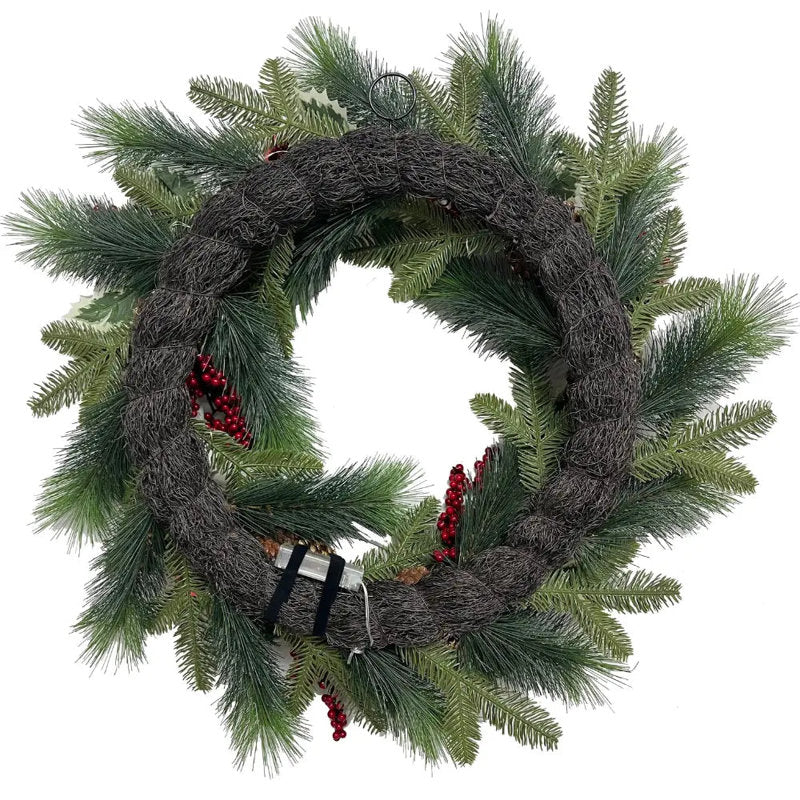 26" pre-lit white poinsettia Christmas wreath with pinecones and berries