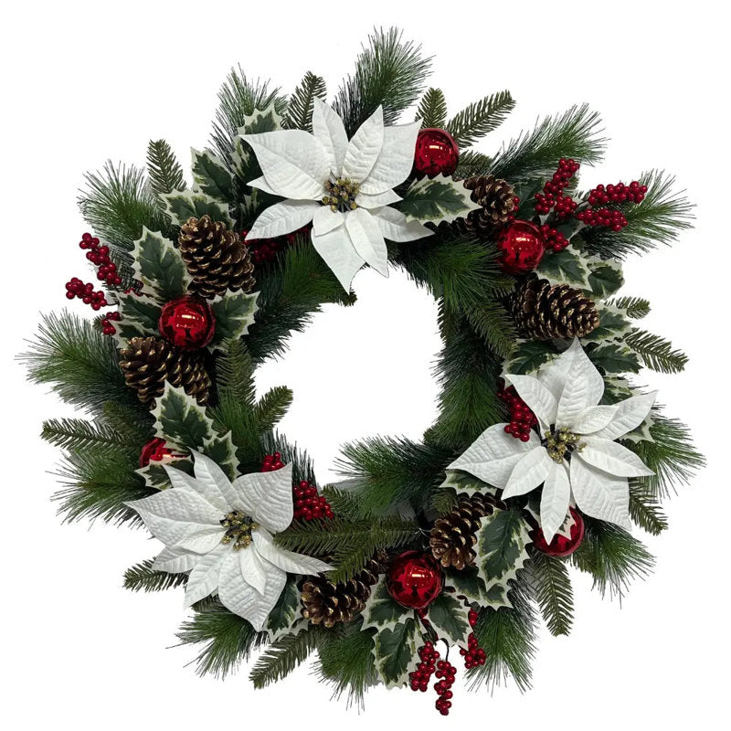 CGH Designs 26 in. Pre-Lit White Poinsettia Pinecone and Berry Holiday Wreath with Timer