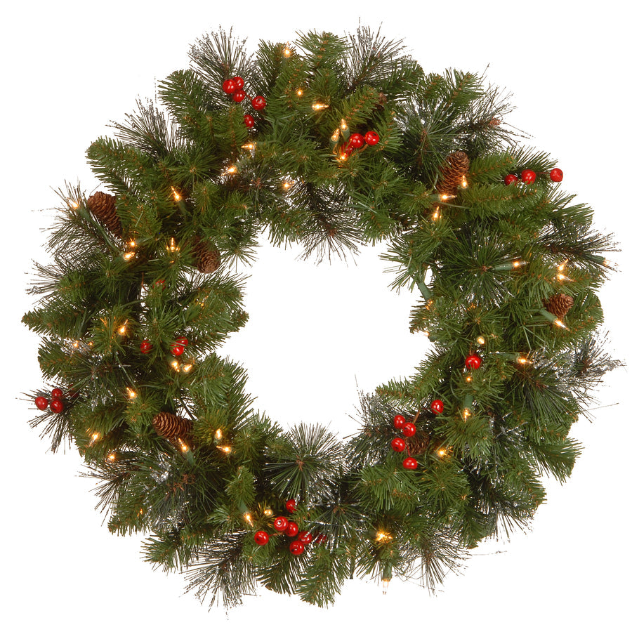 Pre Lit Crestwood Spruce Christmas Wreath with Pine Cones Berries | USA Decoration®