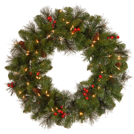 Pre Lit Crestwood Spruce Christmas Wreath with Pine Cones Berries | USA Decoration®
