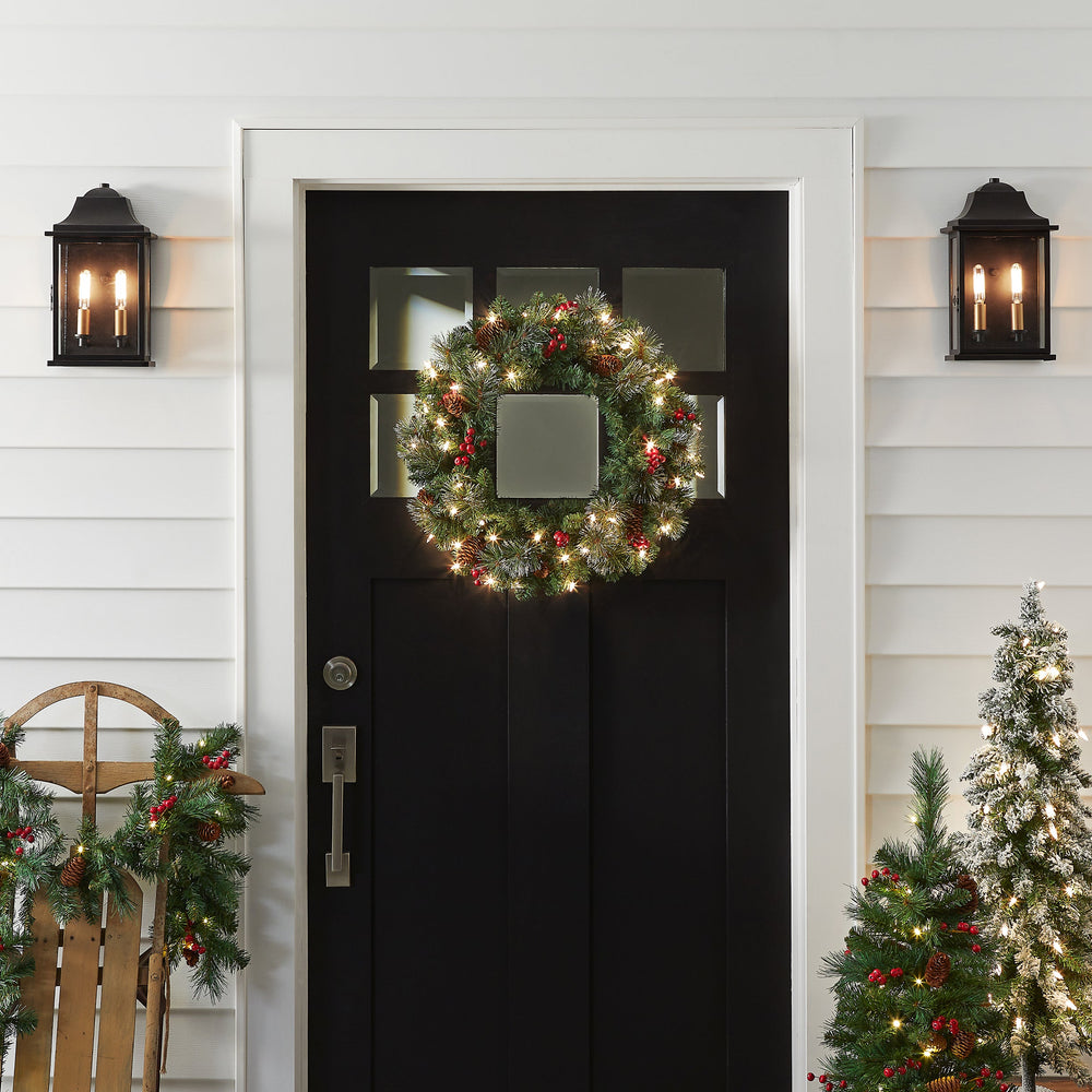 Pre Lit Crestwood Spruce Christmas Wreath with Pine Cones Berries | USA Decoration®