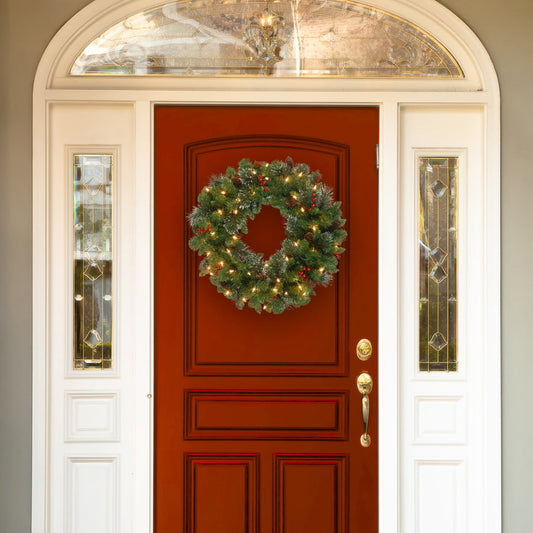 24 in Pre-Lit Crestwood Spruce Wreath with Pine Cones Berry Clusters LED Lights | USA Decoration®