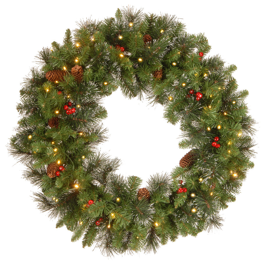 30 Inch Pre-Lit Crestwood Spruce Wreath with Clear LED Lights Pine Cones | USA Decoration®