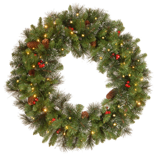 30 Inch Pre-Lit Crestwood Spruce Wreath with Clear LED Lights Pine Cones | USA Decoration®