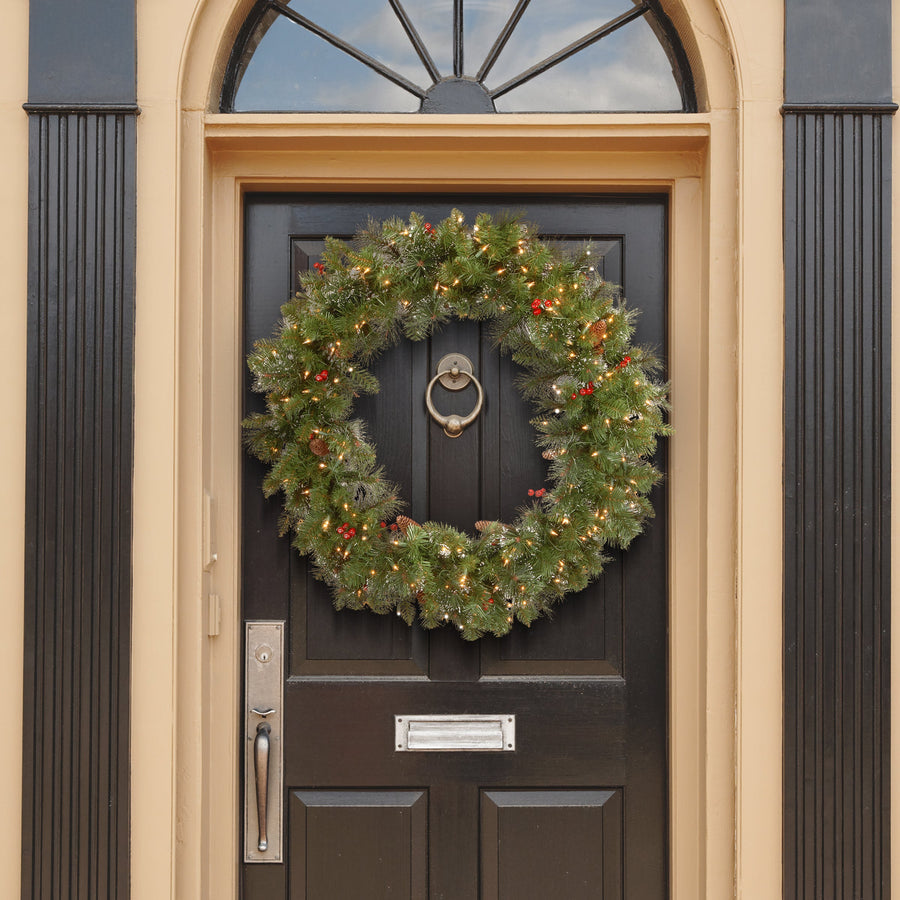 36 in Pre-Lit Crestwood Spruce Wreath with Red Berries Pine Cones Clear Lights | USA Decoration®