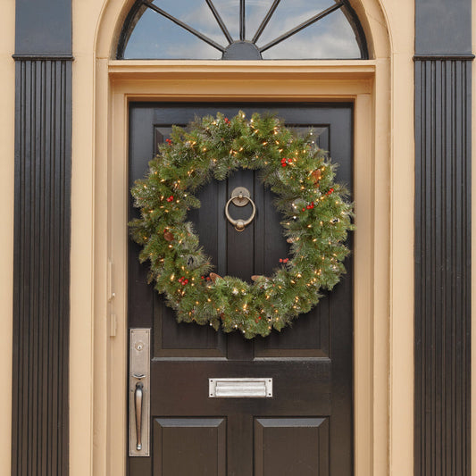36 in Pre-Lit Crestwood Spruce Wreath with Red Berries Pine Cones Clear Lights | USA Decoration®