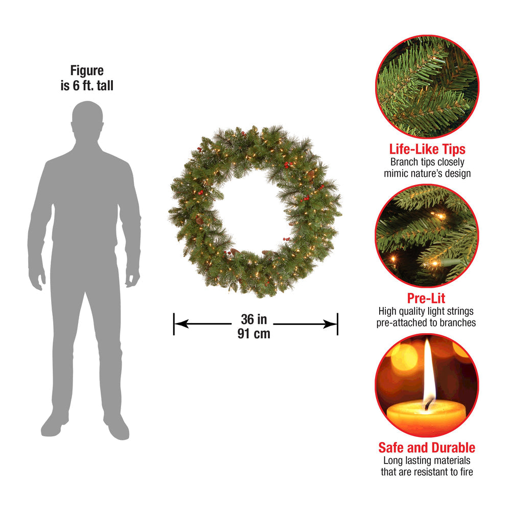 36 in Pre-Lit Crestwood Spruce Wreath with Red Berries Pine Cones Clear Lights | USA Decoration®