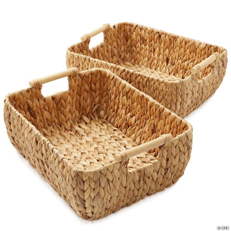 Casafield 2-Piece Oval Storage Baskets with Wood Handles, Large Woven Wicker Bin Organizer