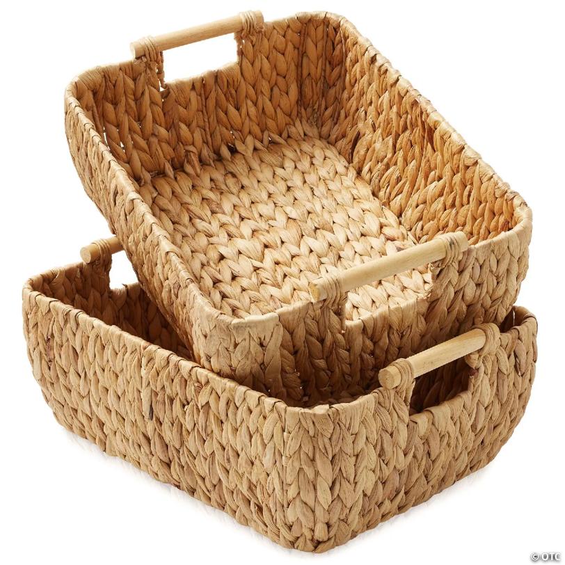 Casafield 2-Piece Oval Storage Baskets with Wood Handles, Large Woven Wicker Bin Organizer