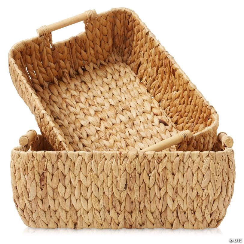 Casafield 2-Piece Oval Storage Baskets with Wood Handles, Large Woven Wicker Bin Organizer