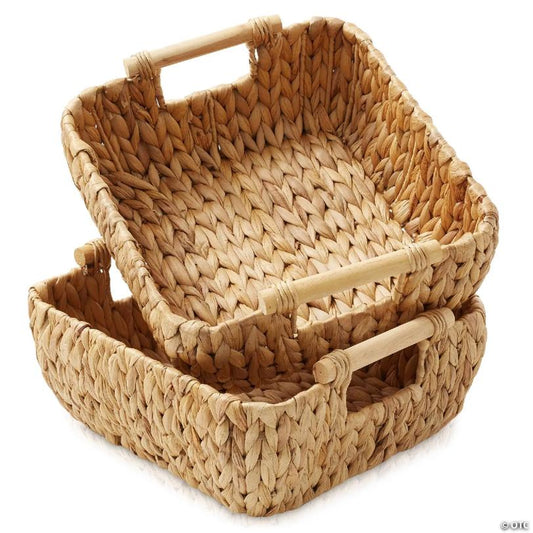 Casafield 2-Piece Oval Storage Baskets with Wood Handles, Small Woven Wicker Bin Organizer