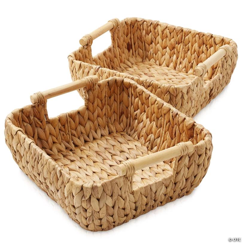 Casafield 2-Piece Oval Storage Baskets with Wood Handles, Small Woven Wicker Bin Organizer