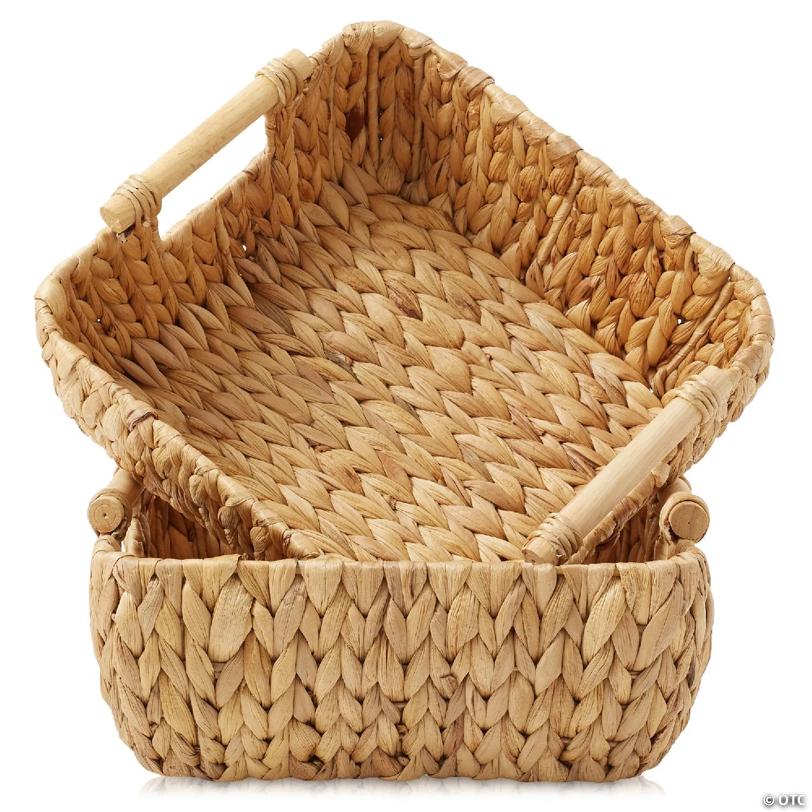 Casafield 2-Piece Oval Storage Baskets with Wood Handles, Small Woven Wicker Bin Organizer