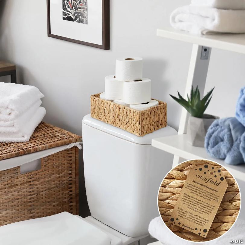 Casafield 2pk Bathroom Baskets, 16x6.75x4.25 Narrow Toilet Tank Tray Organizers, Natural