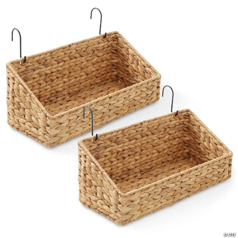 Casafield 2pk Hanging Baskets with Hooks, Woven Hyacinth Wall Mount Storage Bins, Natural