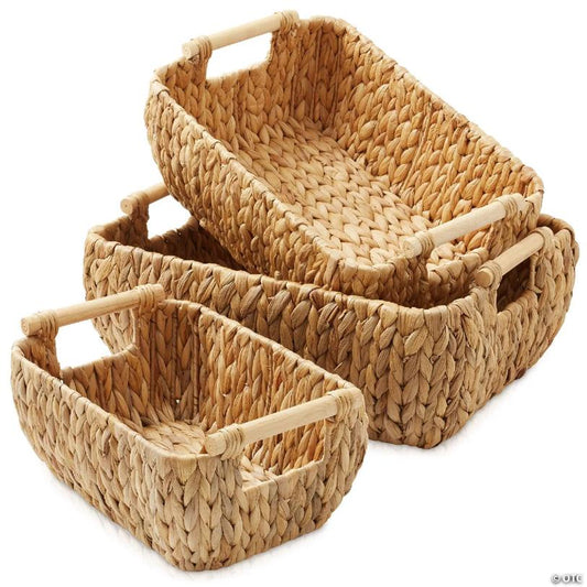 Casafield 3-Piece Oval Storage Baskets with Wood Handles - Small, Medium Large Wicker Bins