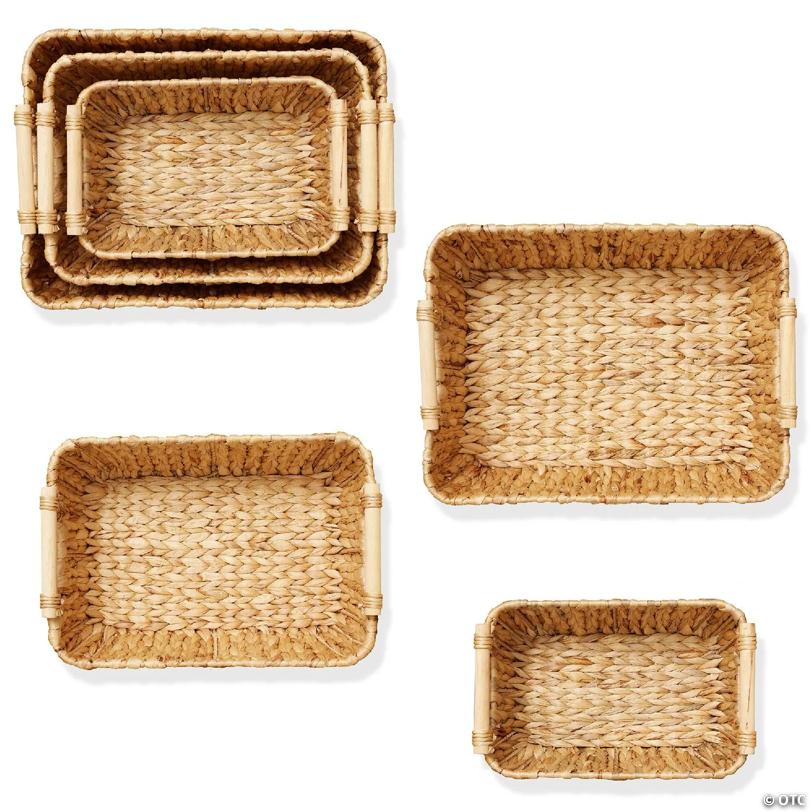 Casafield 3-Piece Oval Storage Baskets with Wood Handles - Small, Medium Large Wicker Bins