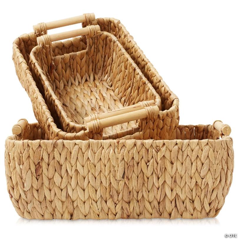 Casafield 3-Piece Oval Storage Baskets with Wood Handles - Small, Medium Large Wicker Bins