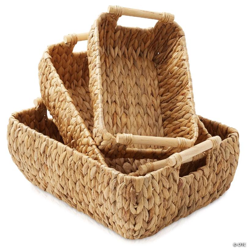 Casafield 3-Piece Oval Storage Baskets with Wood Handles - Small, Medium Large Wicker Bins