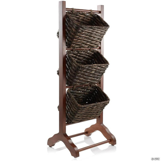 Casafield 3-Tier Floor Stand Organizer with Wicker Storage Basket Bins, Espresso/Brown