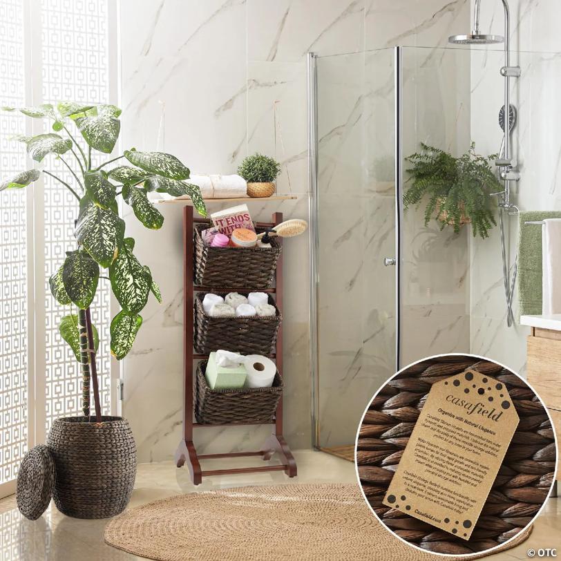 Casafield 3-Tier Floor Stand Organizer with Wicker Storage Basket Bins, Espresso/Brown