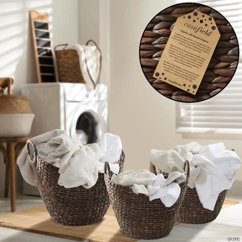 Casafield 3pc Hyacinth Boat Baskets, Storage Totes for Laundry, Blankets, Toys - Espresso