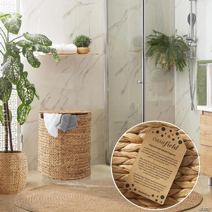 Casafield Half Moon Laundry Hamper Clothes Basket w Lid & Liner, Natural Wicker Hyacinth
