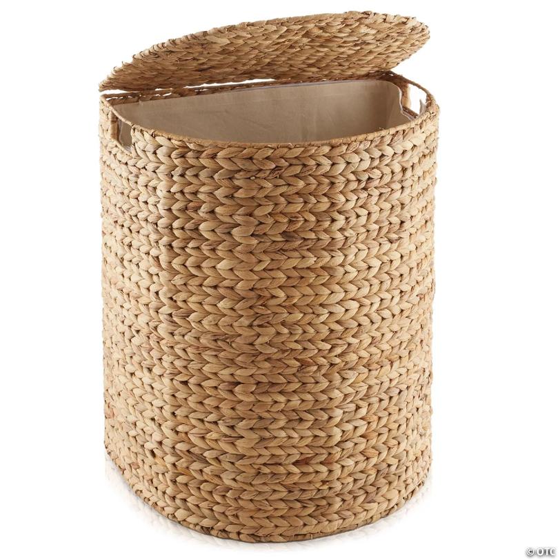 Casafield Half Moon Laundry Hamper Clothes Basket w Lid & Liner, Natural Wicker Hyacinth