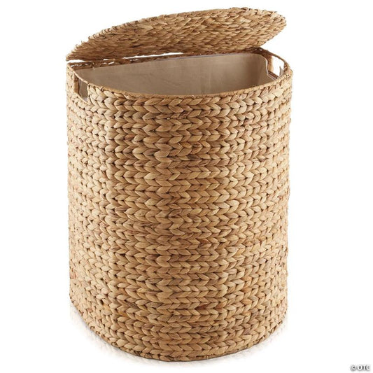 Casafield Half Moon Laundry Hamper Clothes Basket w Lid & Liner, Natural Wicker Hyacinth
