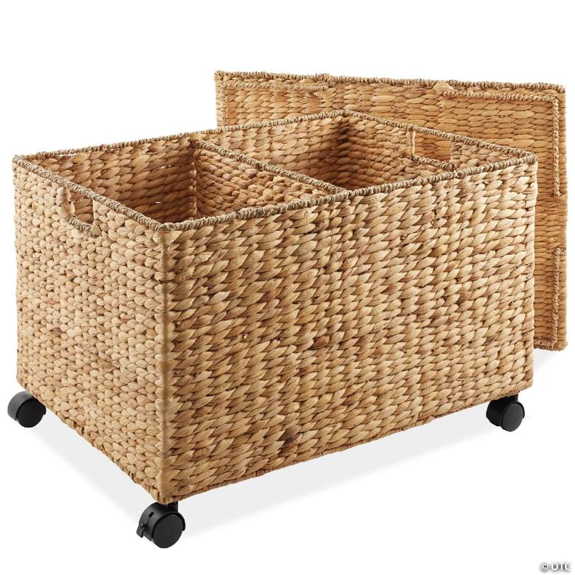 Casafield Rolling Storage Basket Cart w/ Lid, Woven Wicker Divided Recycling Bin, Natural