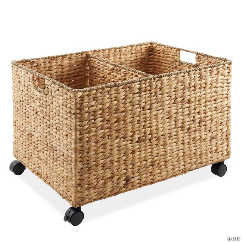 Casafield Rolling Storage Basket Cart w/ Lid, Woven Wicker Divided Recycling Bin, Natural