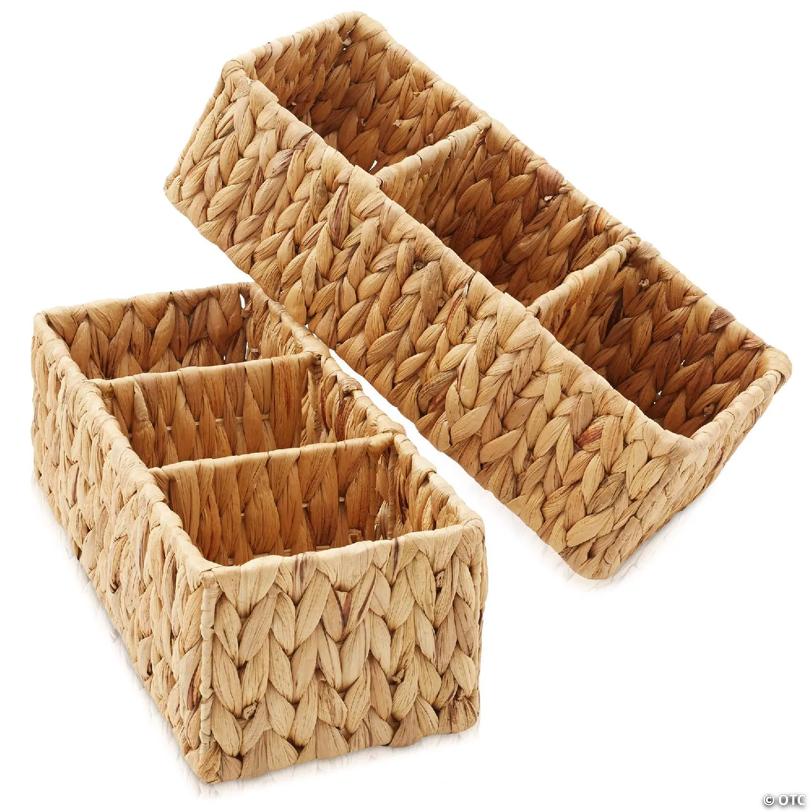 Casafield Set of 2 Storage Baskets with 3 Sections, Wicker Bathroom Organizers, Natural