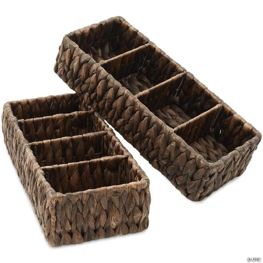 Casafield Set of 2 Storage Baskets with 4 Sections, Wicker Bathroom Organizers, Espresso