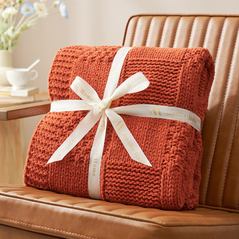 Checkered Chenille Throw Blanket Cozy Knit Farmhouse-Style Decorative Blanket For Couch, Sofa, And Bed