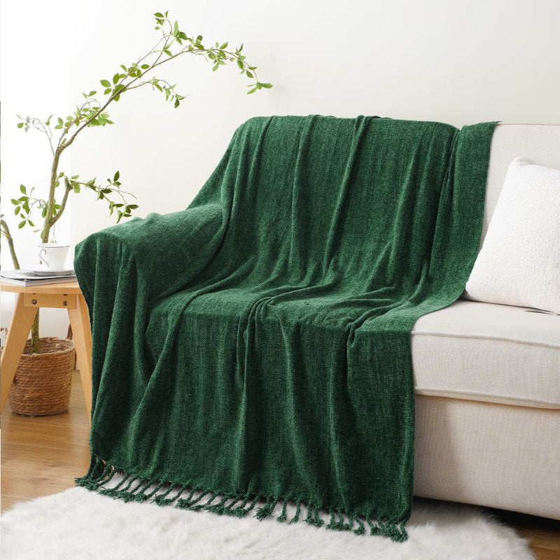 Chenille Velvety Throw Blanket, Decorative Fringe Throw Blanket for Bed 50"x60"