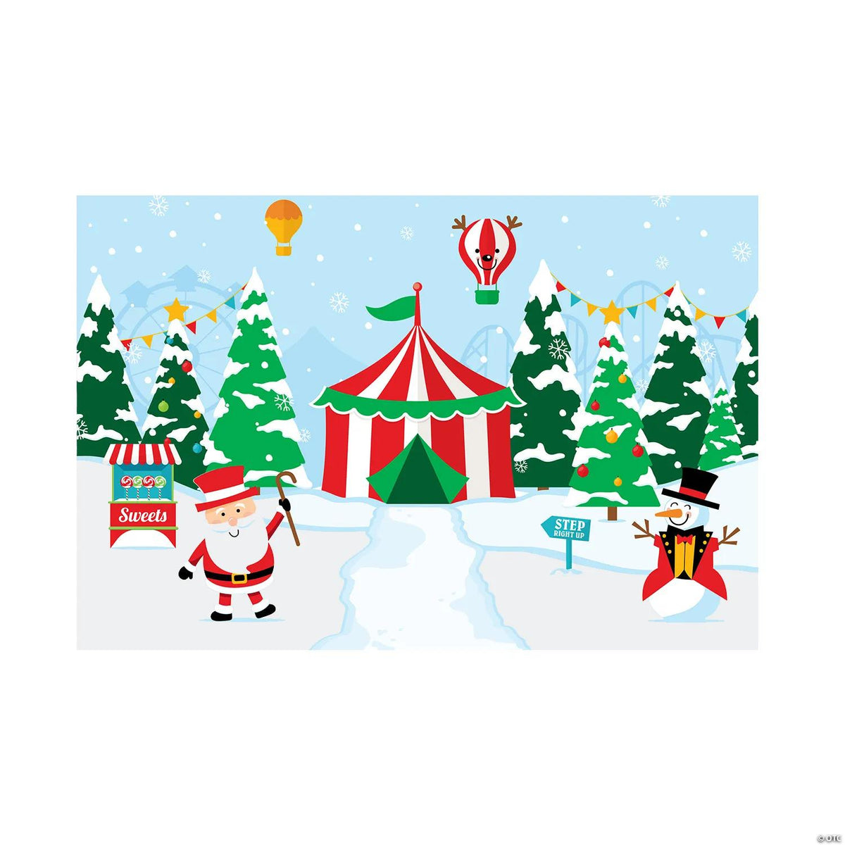 Christmas carnival backdrop banner with festive holiday carnival scene hung at a party