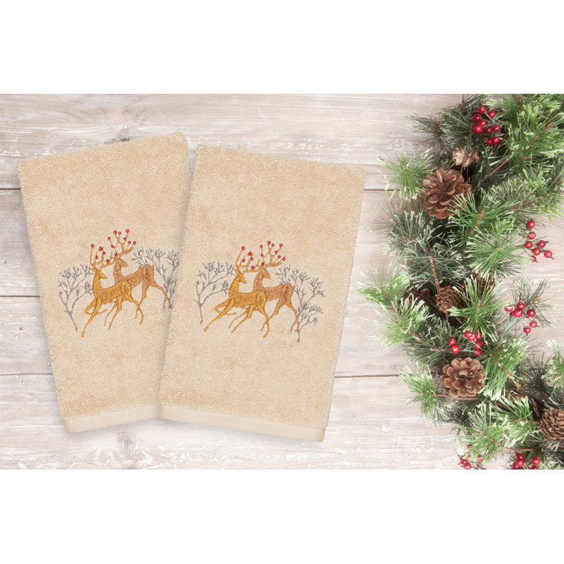 Christmas Deer Pair Embroidered Luxury Turkish Cotton Hand Towel