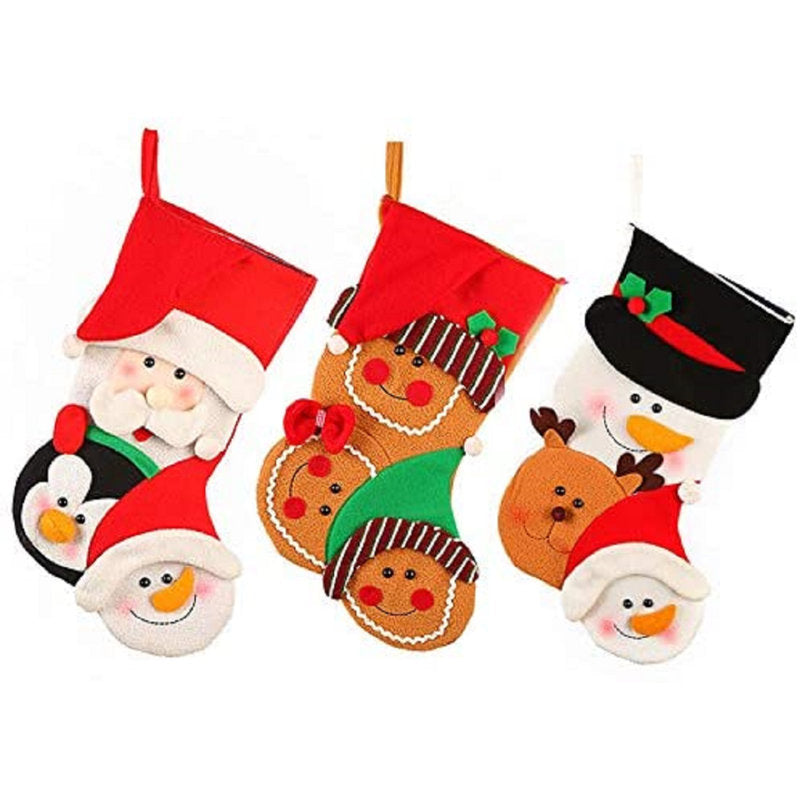 Christmas Embroidered Stockings 3 Pack, Big Size Burlap Plaid Style Stockings Xmas Home Decor