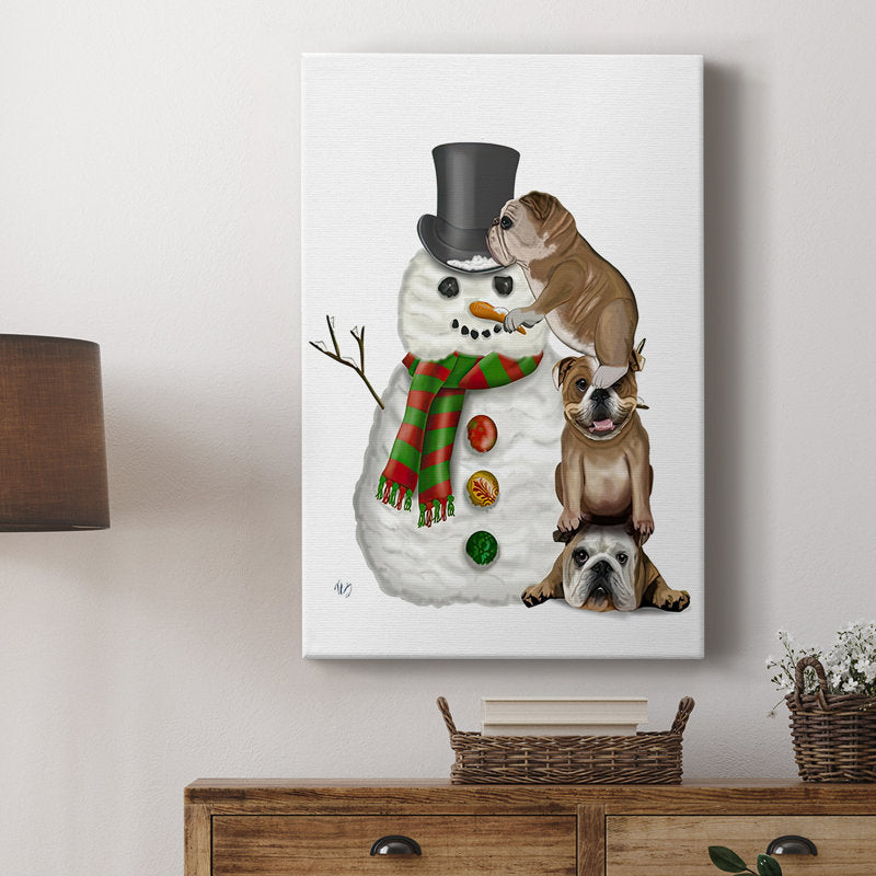Christmas English Bulldogs Building Snowman -Custom Wrapped Gallery Cavas
