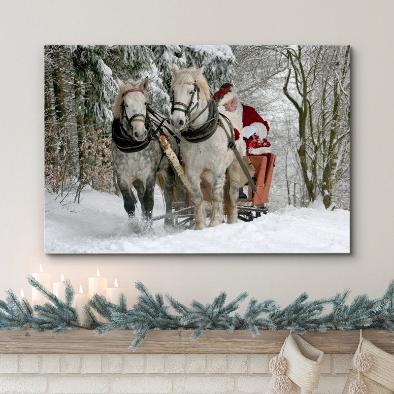 Christmas Holiday Celebration Winter Snow Forest Signs Santa Claus Riding Horses Pictures Canvas Print Large Wall Art
