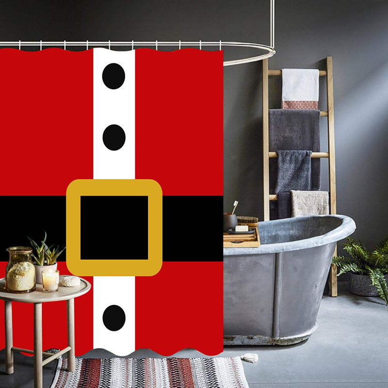 Christmas Holiday Shower Curtain, Santa Claus Suit Belt Buckle Pattern Waterproof Fabric Bath Curtain for Bathroom Decoration